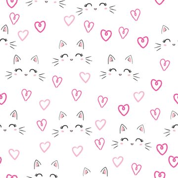 Seamless vector pattern with cats. Smiling cute cats background.