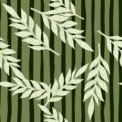 Random seamless pattern with doodle foliage ornament. Light nature print on green stripped background.