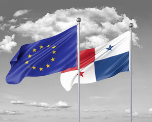 Two realistic flags. European Union vs Panama. Thick colored silky flags of European Union and Panama