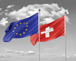 Two realistic flags. European Union vs Switzerland. Thick colored silky flags of European Union and Switzerland. 3D illustration on sky background. - Illustration