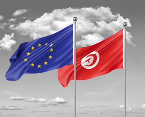 Two realistic flags. European Union vs Tunisia. Thick colored silky flags of European Union and Tunisia. 3D illustration on sky background. - Illustration