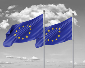 Two realistic flags of European Union vs Albania. 3D illustration on sky background.