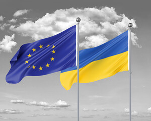 Two realistic flags. European Union vs Ukraine. Thick colored silky flags of European Union and Ukraine. 3D illustration on sky background. - Illustration
