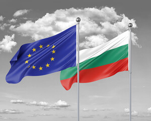 Two realistic flags. European Union vs Bulgaria. Thick colored silky flags of European Union and Bulgaria. 3D illustration on sky background. - Illustration