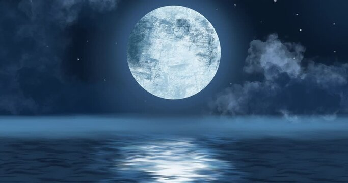 Moon above water at night animation