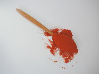 Red pepper powder on wooden spoon on white wooden background.