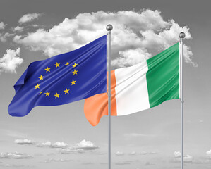 Two realistic flags. European Union vs Ireland. Thick colored silky flags of European Union and Ireland. 3D illustration on sky background. - Illustration