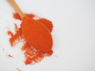 Red pepper powder on wooden spoon on white wooden background.