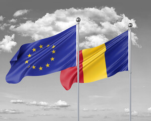 Two realistic flags. European Union vs Romania. Thick colored silky flags of European Union and Romania. 3D illustration on sky background. - Illustration