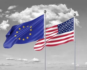 Two realistic flags. European Union vs USA. Thick colored silky flags of European Union and USA. 3D illustration on sky background. - Illustration