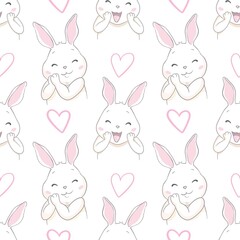 Cute Rabbit with bow sketch vector illustration pattern seamless, hand drawn bunny Background