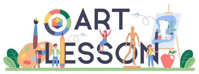 Art lesson typographic header. Student holding a brush and paints.
