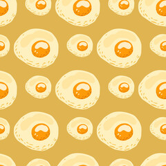 Egg seamless pattern with omelette breakfast ornament. Food brunch artwork with ocher background.