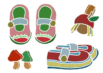 ハンドメイドの赤ちゃん用靴とマスコットの手描きイラスト(白バック)