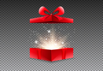 Opened gift box with red bow. Big present with glowing lights. 