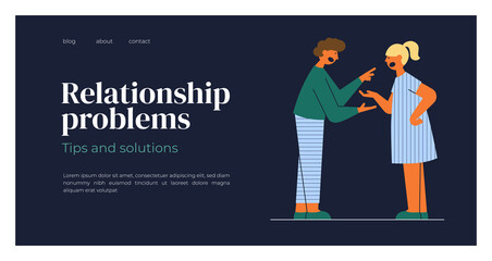 Relationship problems, family conflict concept. Swearing man and woman shout at each other. Quarrel of husband and wife. Psychologist blog layout, therapist help. Arguing couple vector illustration