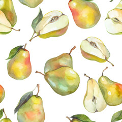 Seamless pattern with watercolor green pears on white background. Fresh textures