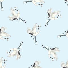 Seamless pattern, background with tropical birds. White heron, cockatoo parrot. Colored and outline design on navy blue background.. Vector illustration. Isolated on black background.