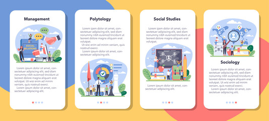 Sociology school subject mobile application banner set. Students