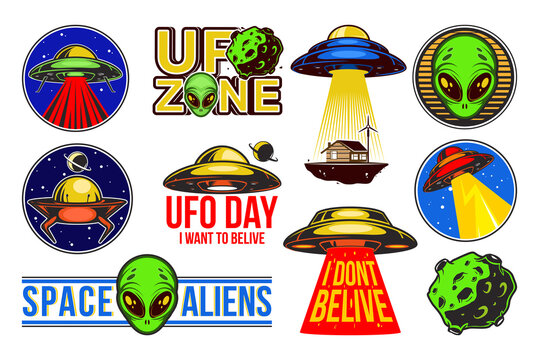Ufo label set. Alien logo. Vector illustration on white background 