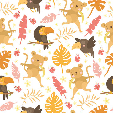 vector exotic pattern with palm leaves and safari animals. cute funny animals kids. baby monkeys and parrot