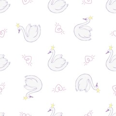 Seamless childish pattern with swan princess. Creative nursery background. Perfect for kids design, fabric, wrapping, wallpaper, textile, apparel