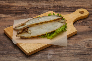 Delicous smoked halibut slices snack