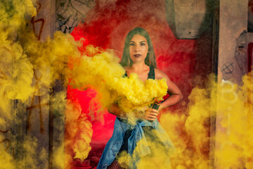 Girl maneuvering colorful smoke grenade