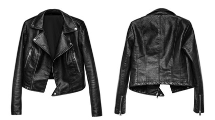 Woman black leather jacket isolated on white background