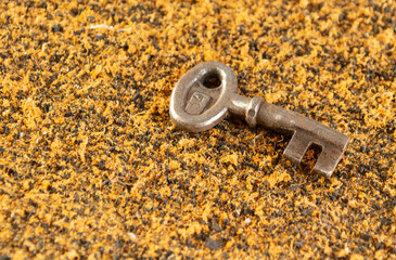 vintage iron key from a padlock on a yellow background.