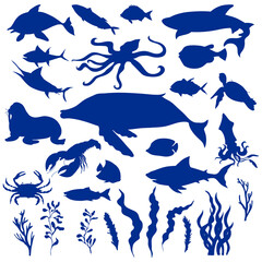 Naklejka premium Sea Animals and Creatures Blue Silhouette Vector Set