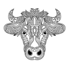 Ox head coloring book illustration. Antistress coloring for adults. black and white lines. Print for t-shirts and coloring books.
