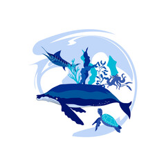 Huge Whale and Other Marine Creatures Floating in Sea Bottom Vector Illustration