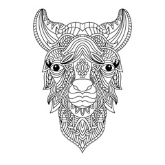 Obraz premium Llama head coloring book illustration. Antistress coloring for adults. black and white lines. Print for t-shirts and coloring books.