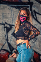 Dangerous girl with pink mouth mask