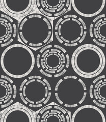 Seamless pattern with abstract graphic structure of round and hexagonal elements on dark background. Vector illustration for print.