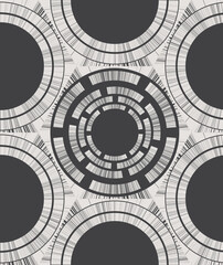 Seamless pattern with abstract graphic structure of round and hexagonal elements on dark background. Vector illustration for print. - obrazy, fototapety, plakaty