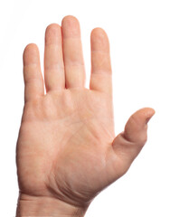 close-up of a man's hand raised up with an open palm on a white background,