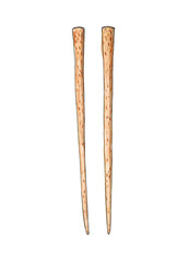 Watercolor hand drawn sketch illustration of sticks for sushi isolated on white