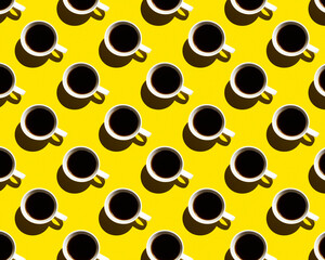Pattern of coffee cups with shadow on yellow background