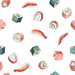 Watercolor hand drawn sketch illustration seamless pattern background with set of sushi isolated on white