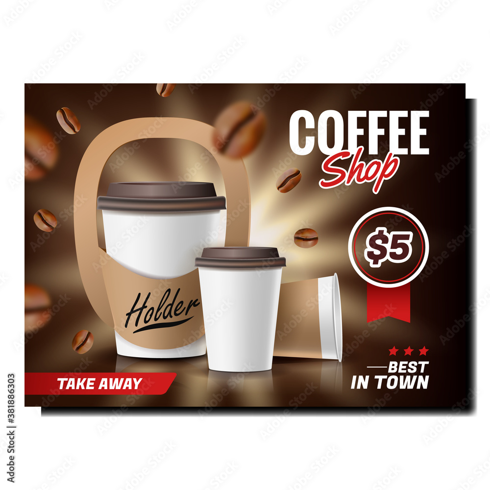 Sticker coffee shop take away promotional banner vector. coffee beans and paper blank cups with holder elega