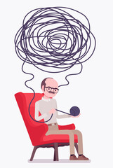 Self help senior man, health, psychological problems solving. Person in distress unwinding a ball of yarn, confused thoughts, feeling anxiety, disoriented, lost. Vector flat style cartoon illustration
