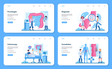 Proctologist web banner or landing page set. Doctor examine