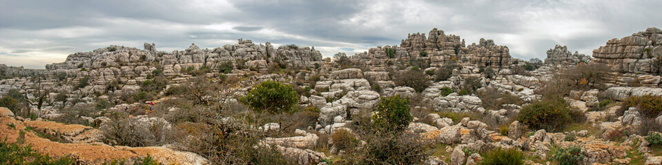Fototapeta na wymiar Panorama of the strange grey landforms of El Torcal de Antequera on a grey day in winter, Andalucia, Spain. 