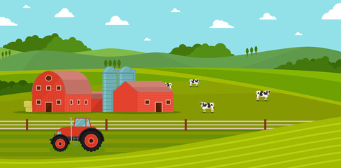 Fototapeta na wymiar Farming with barn house and dairy farm animals. Vector illustration.Agriculture and Farming. Agribusiness. Rural landscape