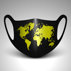 Black face mask with world map. Vector illustration.