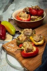 Baked stuffed bell pepper stuffed with minced meat, onions, rice