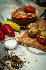 Baked stuffed bell pepper stuffed with minced meat, onions, rice