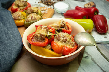 Baked stuffed bell pepper stuffed with minced meat, onions, rice